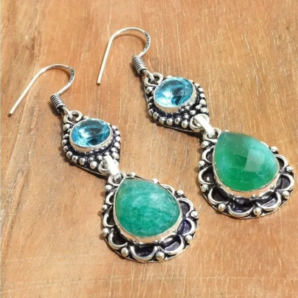 Emerald Blue Topaz Handmade Drop Dangle Earrings Jewelry 2.4" - Picture 1 of 1